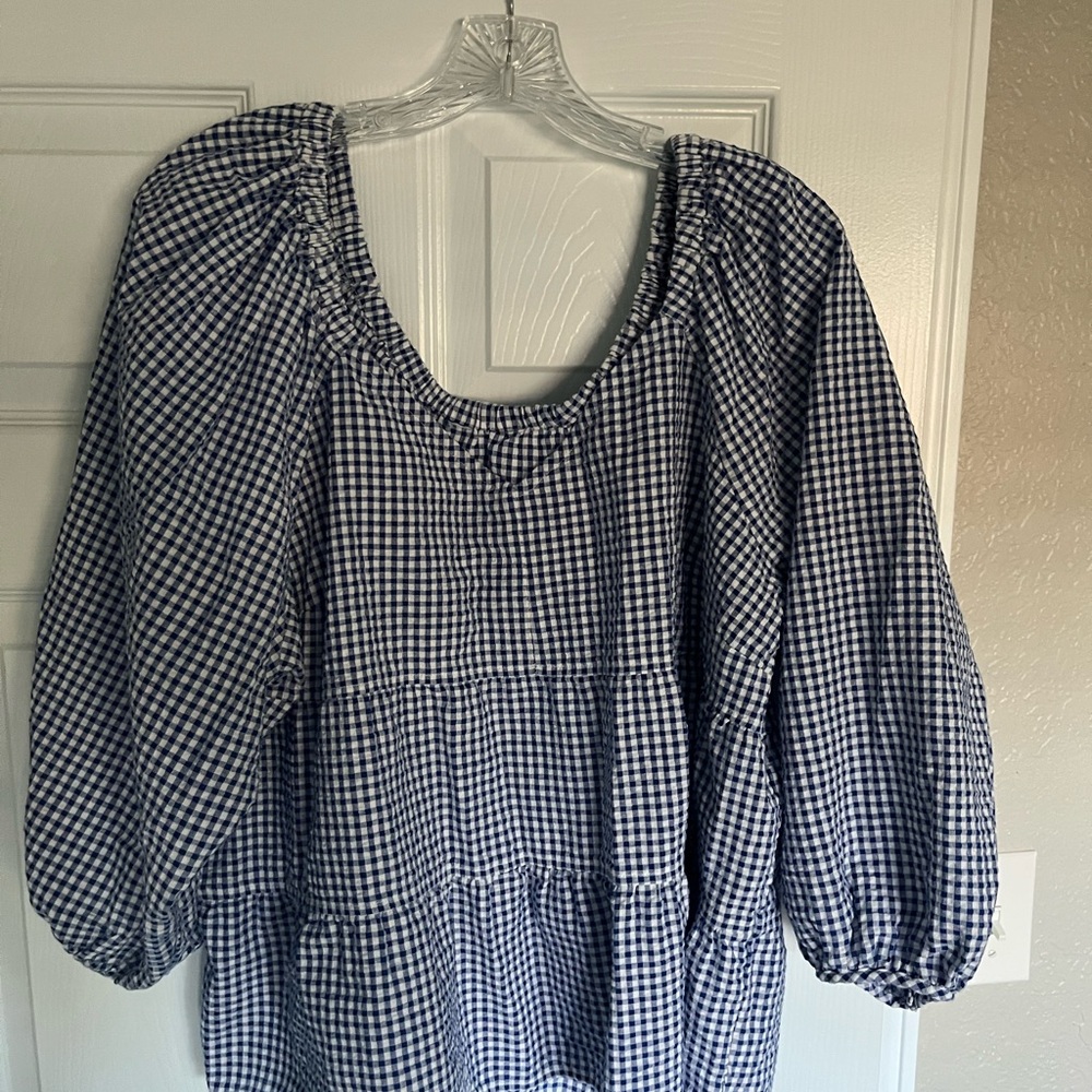 Blue Checked Tiered Women's Blouse